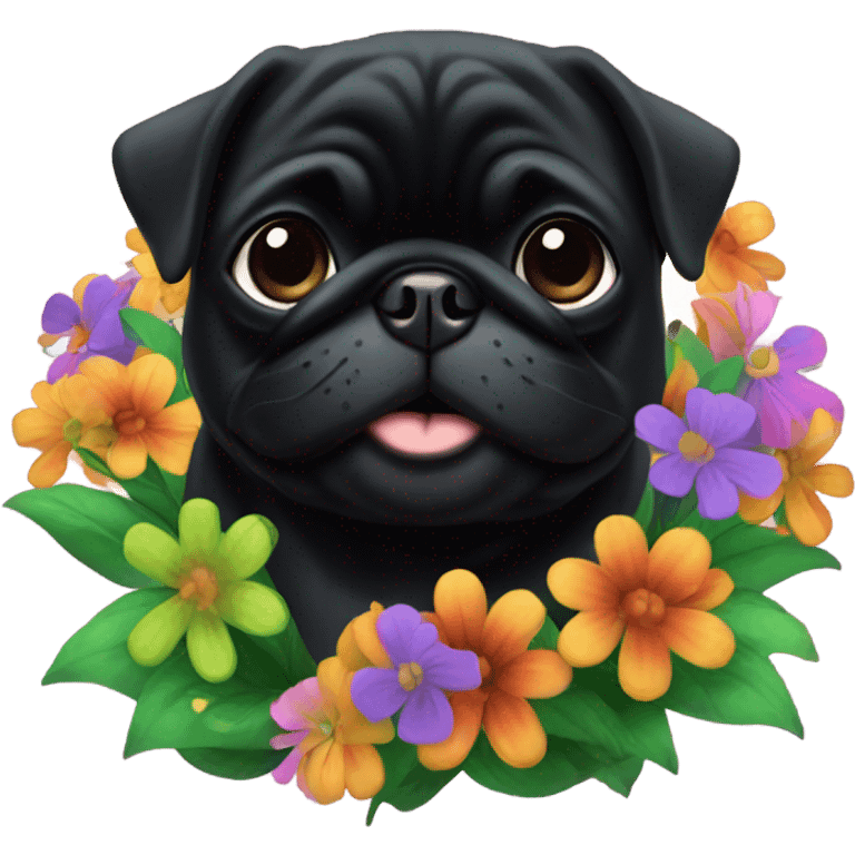 Black pug , surrounded by flowers, holding a green sign that says “good luck”  emoji