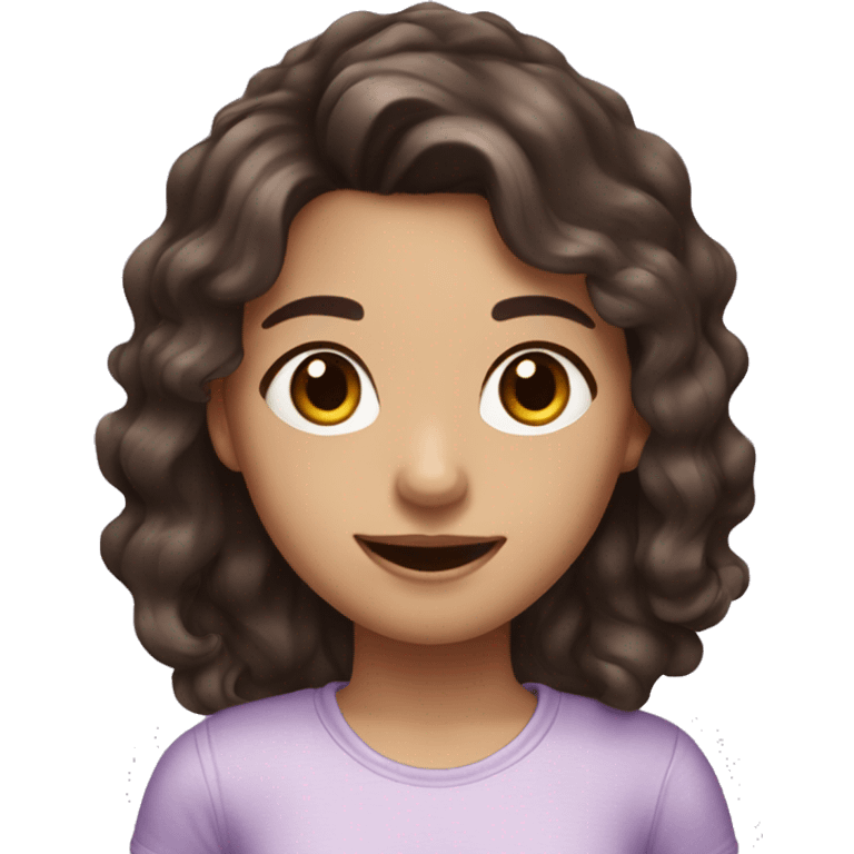 girl with mid to long dark brown wavy hair, dark brown eyes, cute smile and lilac shirt  emoji