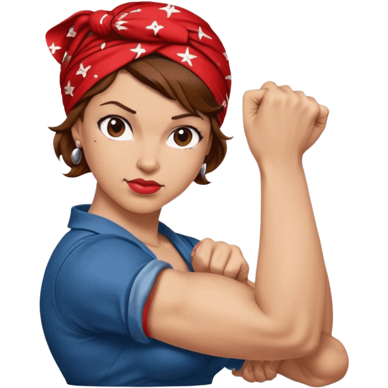 Light skin and brown hair with red bandana Rosie the Riveter shows biceps emoji