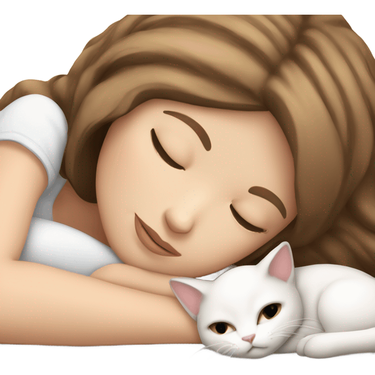 White girl brown hair sleeping with white kitty emoji