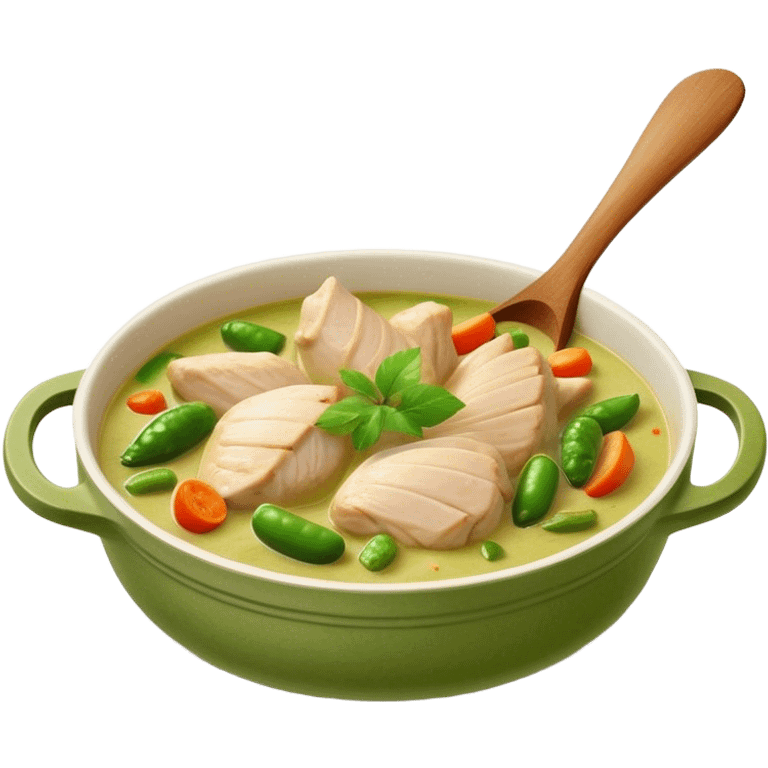 Cinematic Realistic Green Chicken Curry Dish Emoji, depicted with tender chicken simmered in a fragrant green curry sauce with vegetables rendered with rich textures and dynamic, vibrant lighting. emoji