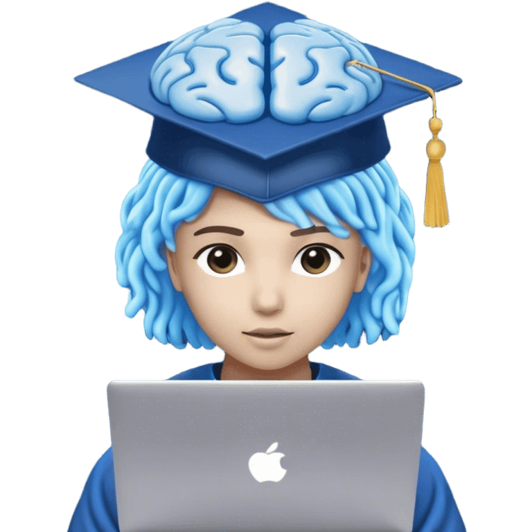 "A human figure (🧑) wearing a graduation cap (🎓), symbolizing learning, with a glowing blue brain (🧠) representing artificial intelligence. The person is sitting in front of a laptop (💻), deep in coding or AI research. Small circuit-like patterns or floating binary code (101010) surround the figure, indicating advanced digital skills. The expression on the face is focused and determined. No magical effects, just a clean and modern tech-inspired design. The background is plain white emoji