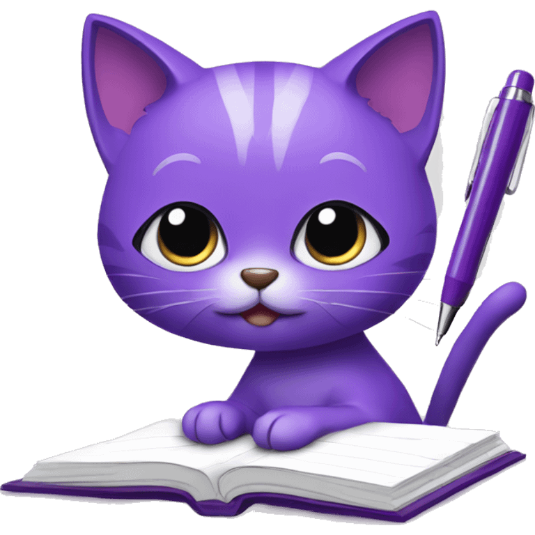 Purple humanised Cat with a notebook and pen emoji