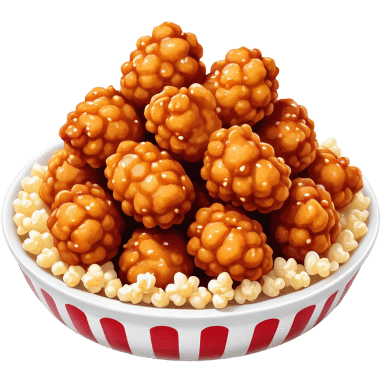 Korean Fried Chicken Cinematic Realistic Korean Fried Chicken Dish Emoji, depicted as bite-sized popcorn chicken pieces generously coated in a glossy, spicy sauce, rendered with crisp textures and dynamic, appetizing lighting. emoji