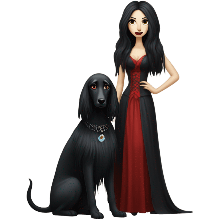 Women vampire black hair full body with Afghan Hound, Schiaparelli emoji