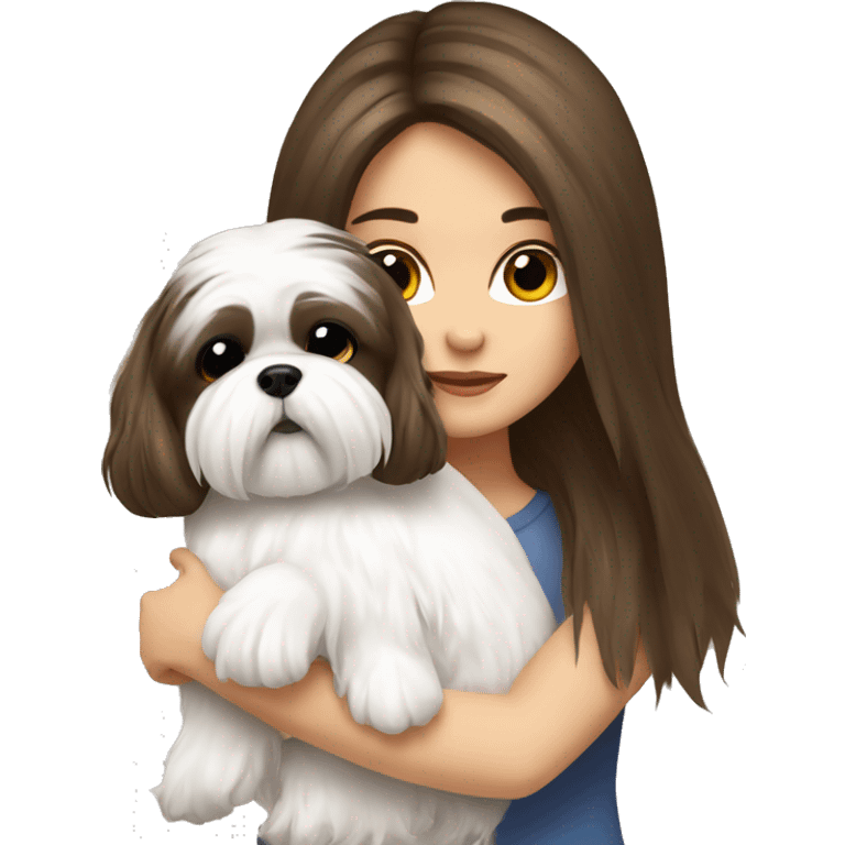 Girl Brunette  long hair, hugging her white Shih tzu emoji