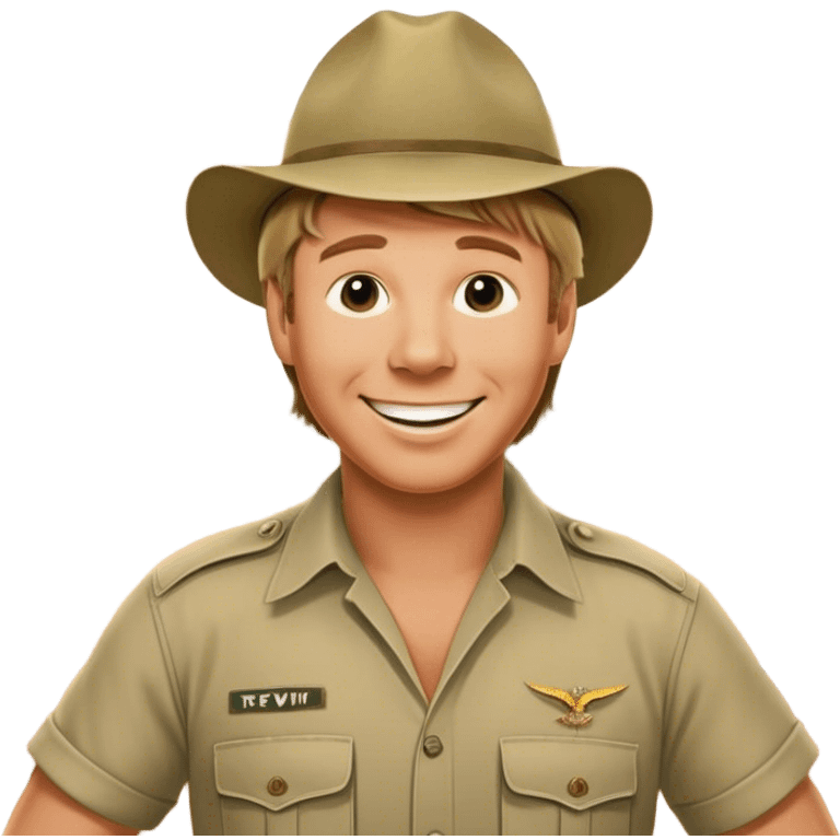 Cinematic Realistic Steve Irwin Portrait Emoji, depicted as a passionate wildlife expert in his signature khaki attire with an enthusiastic smile and a backdrop of the Australian outback, rendered with vibrant textures and dynamic natural lighting that captures his adventurous spirit. emoji