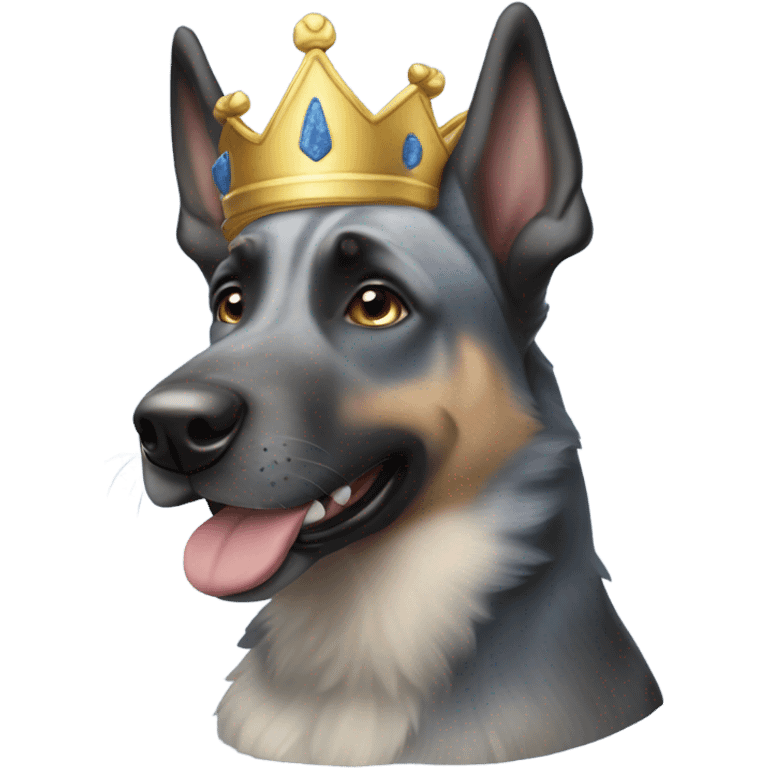 A smiling malinois dark blue merle without red color with a crown on his head emoji