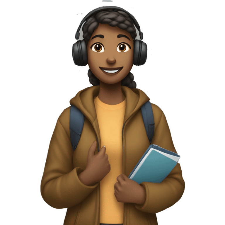 female student standing by her locker with wireless headphones, winter coat, and cell phone emoji