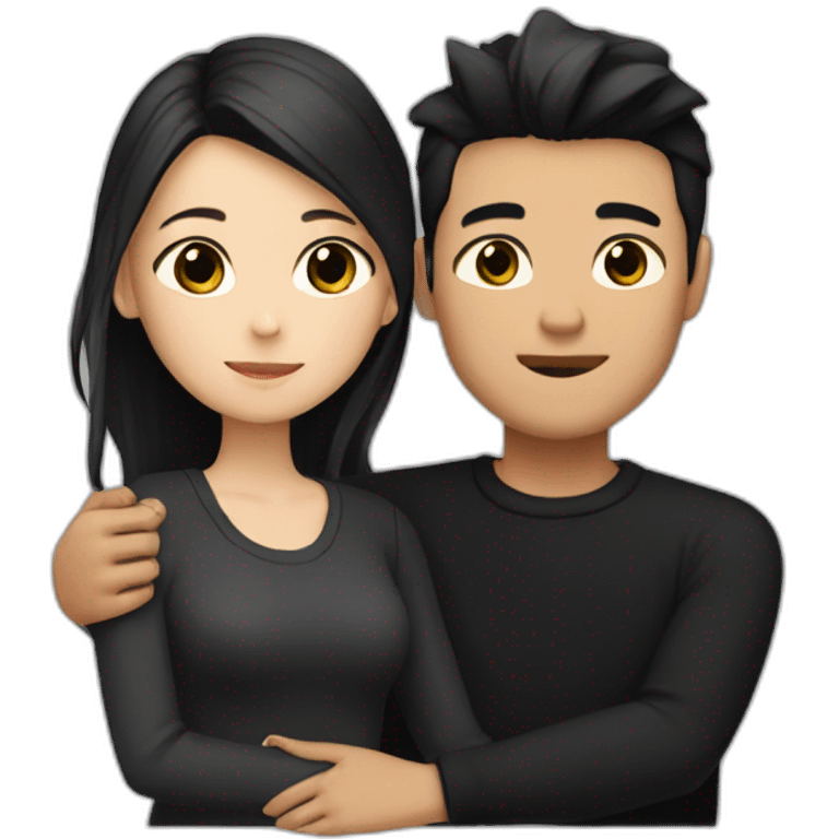 Blonde girl with brown eyes in black sweater and asian man with black hair hugging emoji