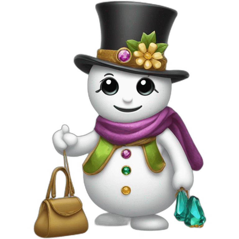 snow woman with designer top hat eyes and buttons are made of precious gems holding a purse in stick arms with a back pack on emoji