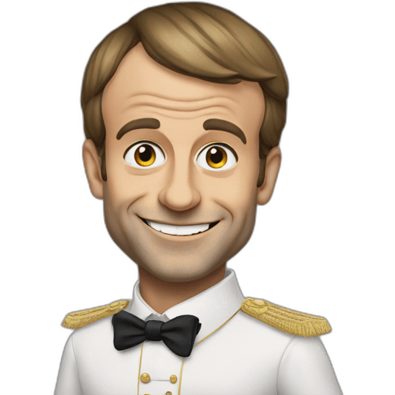 Emmanuel Macron with a troll face and wearing a costume emoji