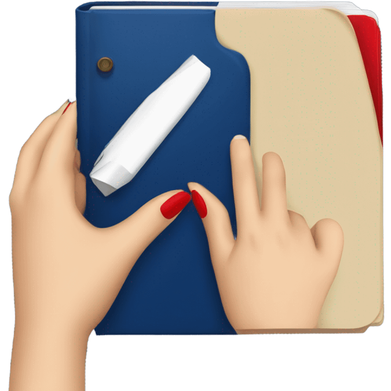 a female hand with a red manicure holds a dark blue notepad emoji