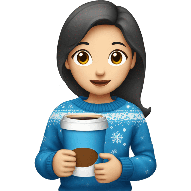 Asian girl drinking coffee wearing blue Christmas sweater emoji