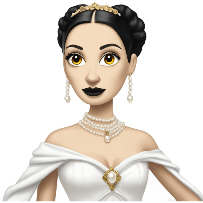 Tall realistic face teen Morticia Addams as Princess Leia in ruffled white-pearl ballet ball gown with gold accents and accessories  emoji