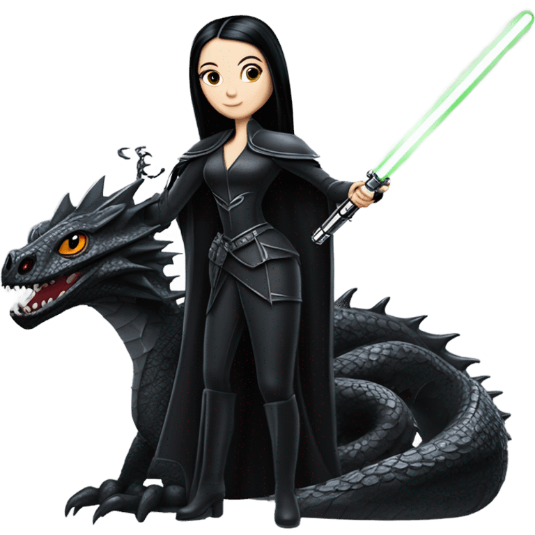  beautiful armored teen Morticia Addams Jedi riding on the back of a very large black shiny evil-looking dragon. to scale emoji