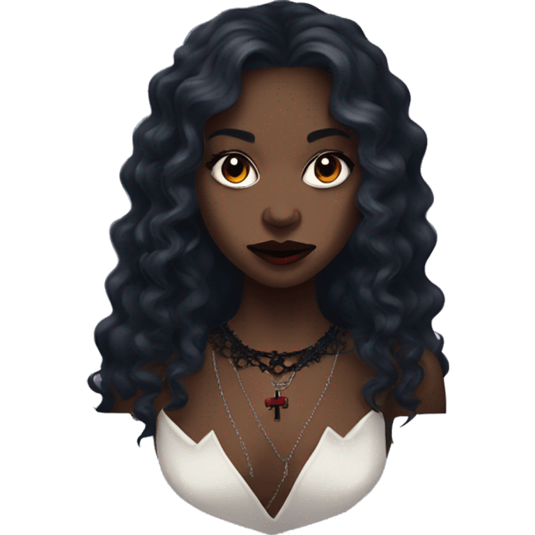 vampire black girl with long curly hair fangs and a cross choker necklace and a lace dress   emoji