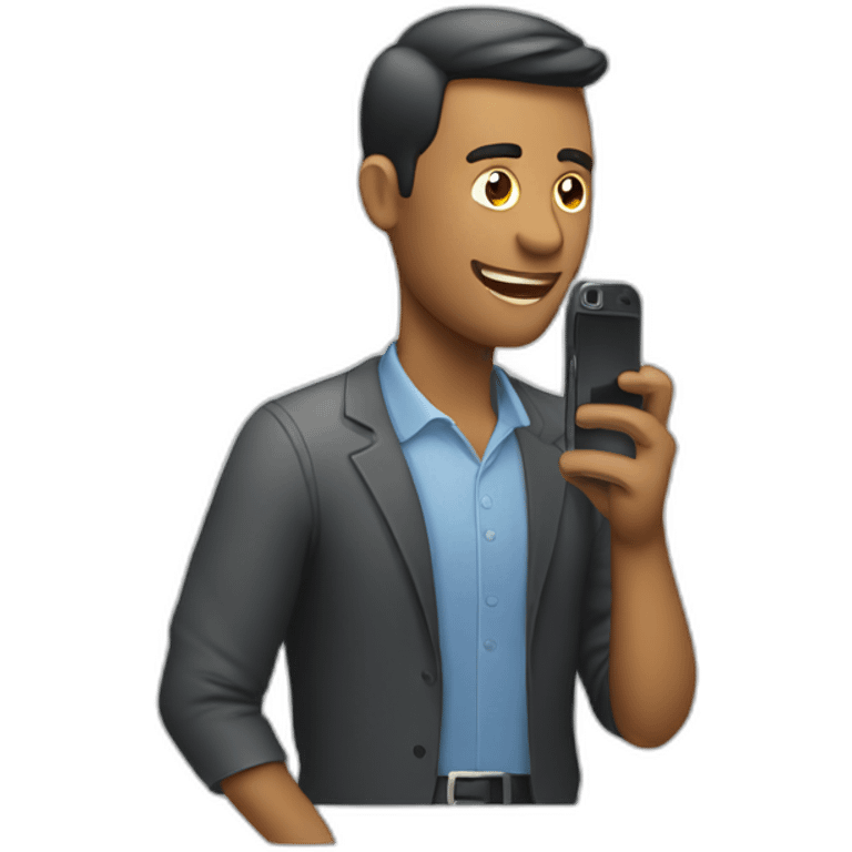 A man talks to his mobile phone sideways emoji