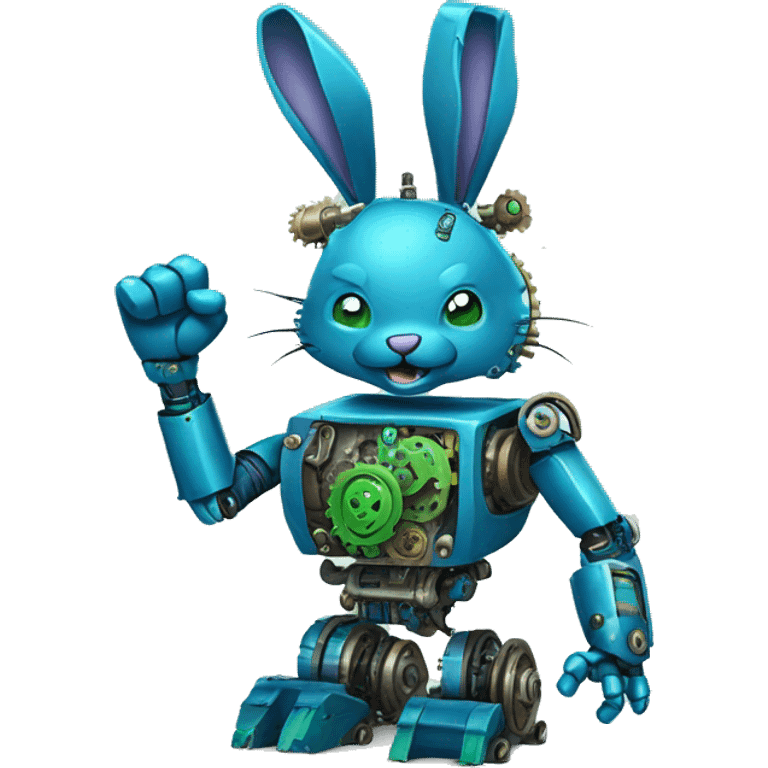 The blue and green robot rabbit with detailed gears and mechanical parts visible, with a raised fist showcasing its strength. emoji