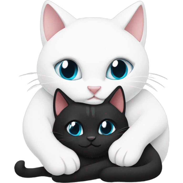 White and black cats hugging with different coloured eyes emoji