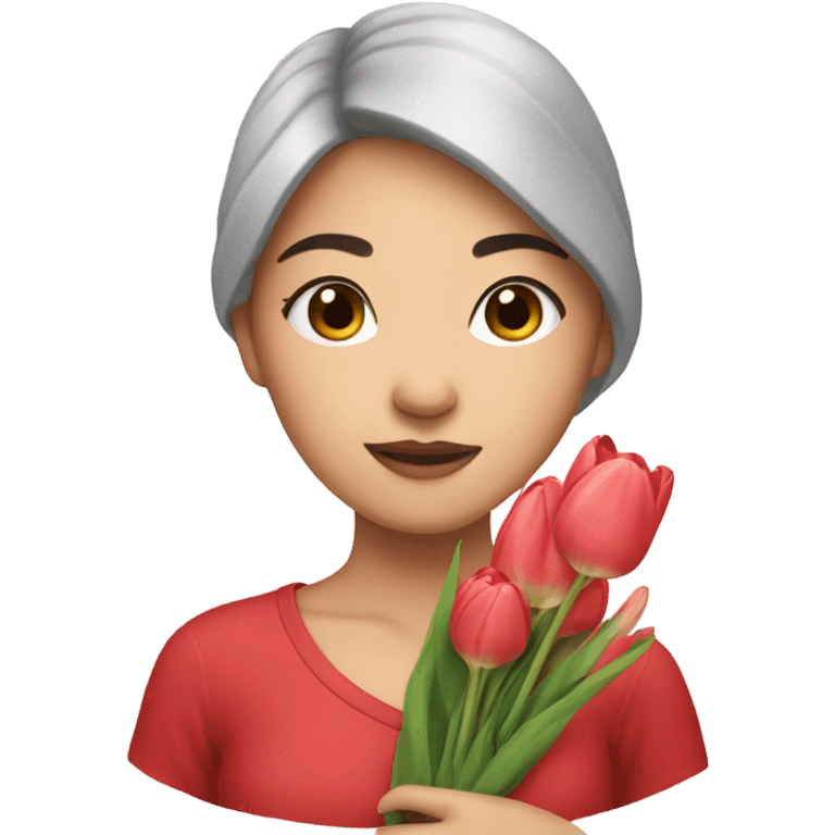 beautiful Asian girl holding tulips emoji