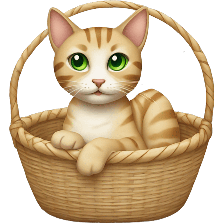 Beige tabby cat with green eyes sitting in a basket emoji