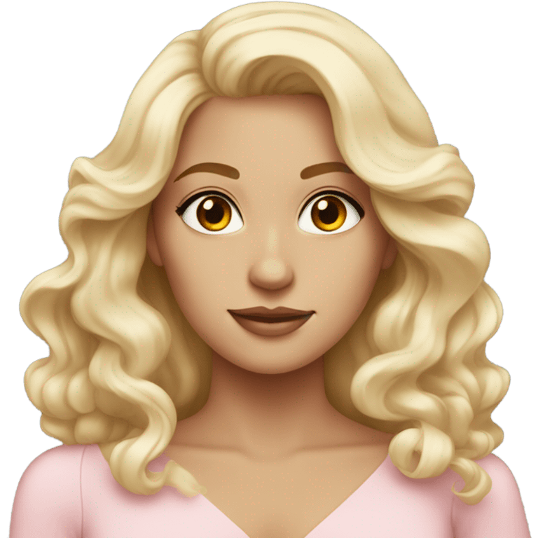 Gorgeous blonde woman, brown eyes, long wavy hair, wearing a light pink gown emoji