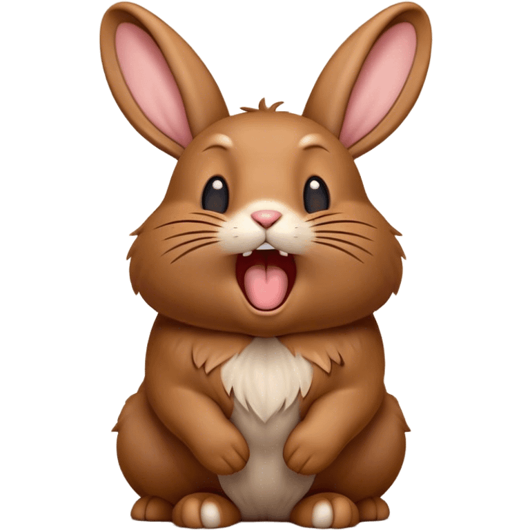 Cinematic Cute Yawning Brown Rabbit Portrait Emoji, Head tilted slightly with a dramatic, wide-open yawn, showcasing a smooth, rich brown fur with floppy ears, round brown eyes barely open in drowsy contentment, Simplified yet irresistibly adorable features, highly detailed, glowing with a soft, cozy glow, high shine, relaxed yet expressive, stylized with a touch of whimsy, bright and endearing, soft glowing outline, capturing the essence of a sleepy yet affectionate bunny, so drowsy it feels like it could stretch out of the screen and curl up for a nap! emoji