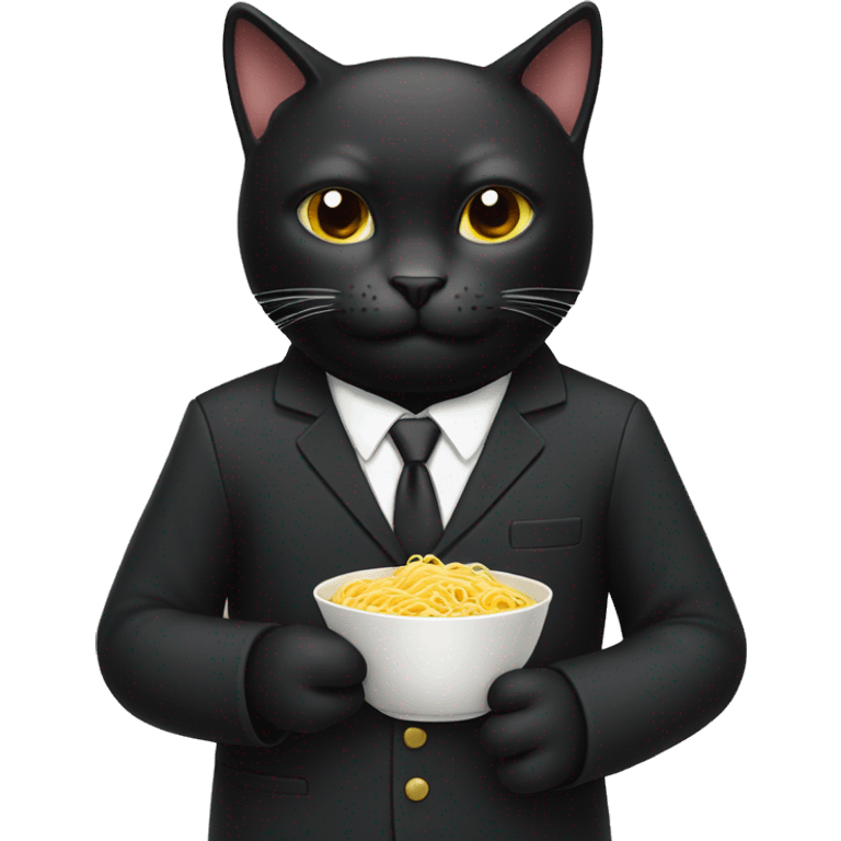 black cat wearing a suit and eating noodles emoji