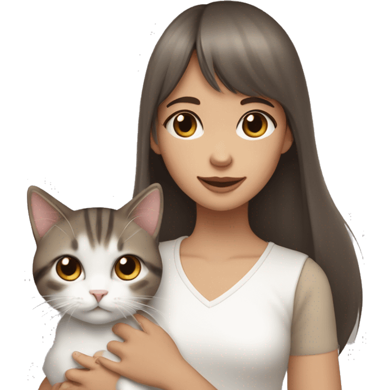 A girl with long straight brown hair and bangs, brown eyes, holding a gray and white calico cat and a tabby cat in each hand emoji