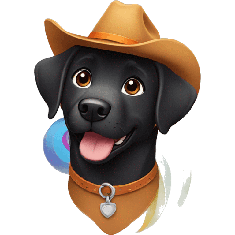 disney pixar smiling black labrador with brown cowboy hat and orange collar flying over there rainbow  emoji