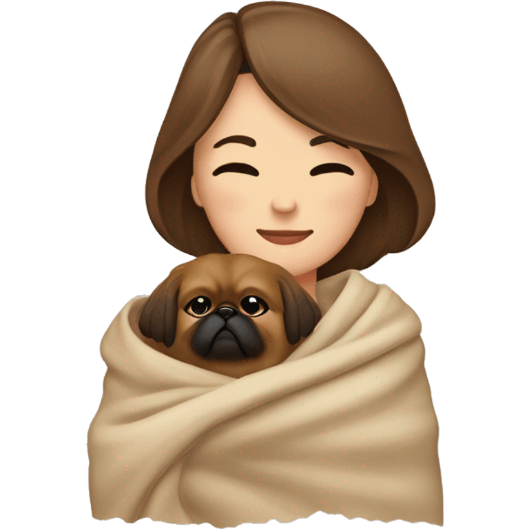 A Women with brown hair is cradling her Pekingese in a beige blanket emoji