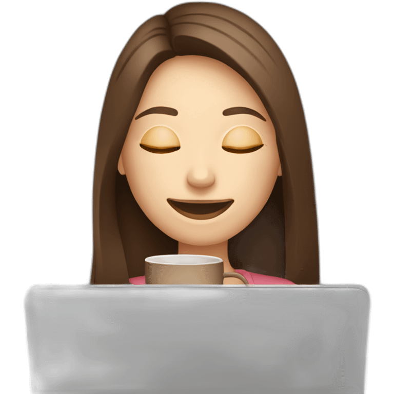 smiling woman with middle brown straight long hair and pale skin eyes closed behind a laptop sipping coffee from a mug emoji