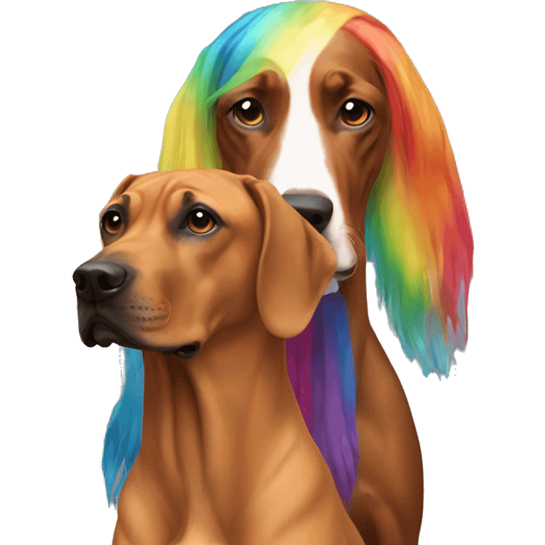 white man with long rainbow colored hair next to a brown rhodesian ridgeback emoji