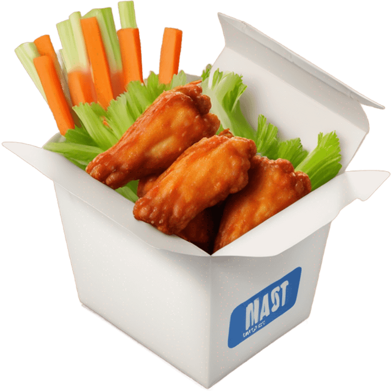 hot wings with celery carrots with ranch on the side in takeout box ￼￼ emoji