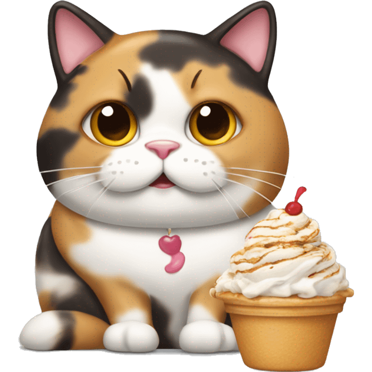 Fat calico cat with sundae emoji