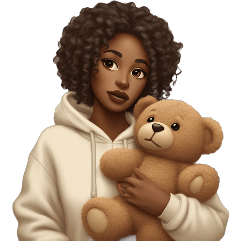 Beautiful black woman with long waste length curly hair with brown highlights, in a cozy sweatsuit in cream color and she is holding a teddy bear in brown, girl wearing makeup long lashes thick glossy lips she is crying  emoji