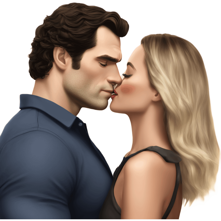 realistic photo of Henry Cavill kissing a beautiful female model while touching her cheek emoji