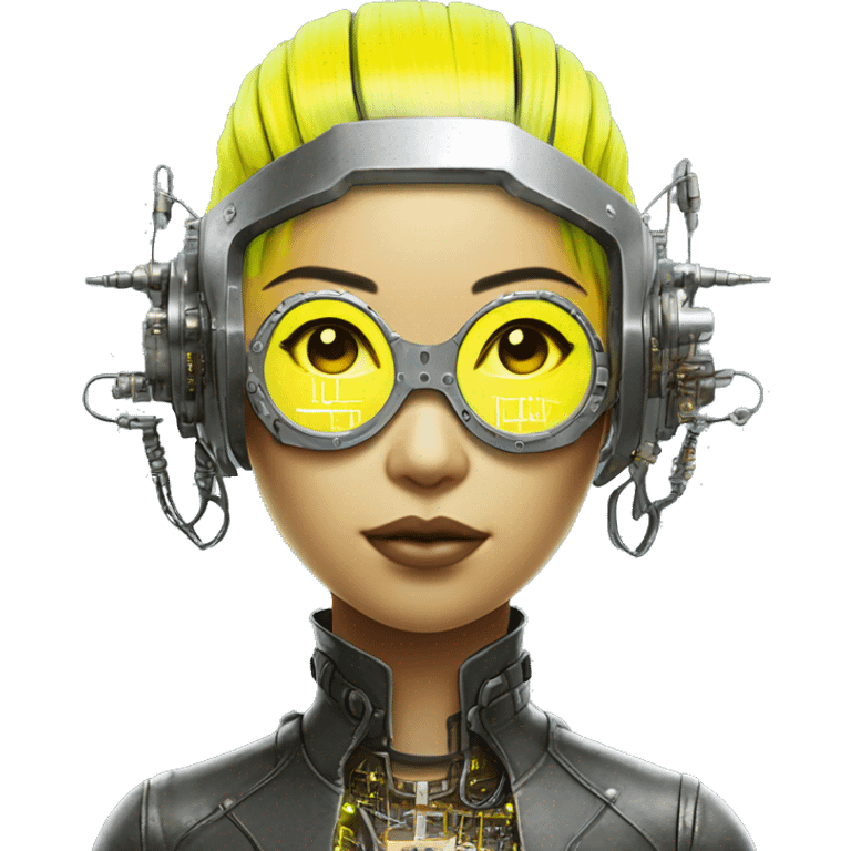 Neon yellow bobbed hair Asian female cyborg head with silver steampunk goggles and circuits emoji