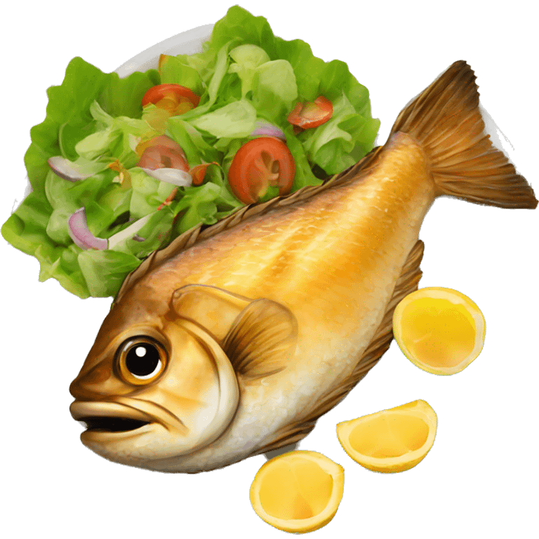 “Fried fish on a plate with fresh salad on the side.” emoji