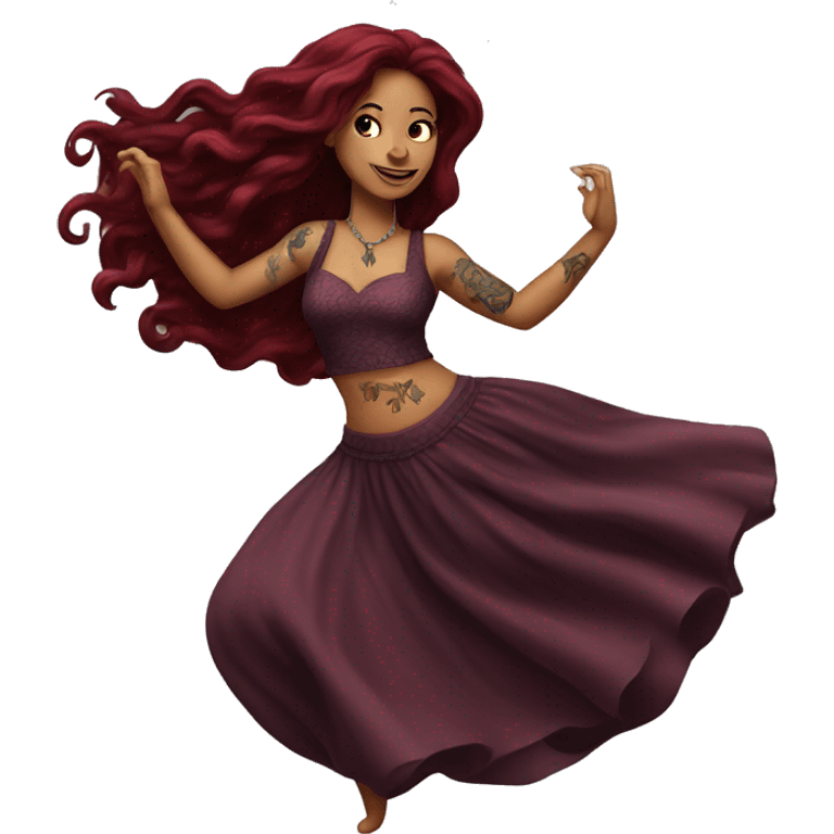 Beautiful tattooed burgundy long haired woman dancing emoji