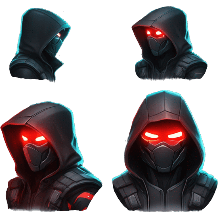 developer behind his laptop with this style : crysis Cyberpunk Riot Games Valorant neon glowing bright red character red dark black hooded assassin themed character emoji