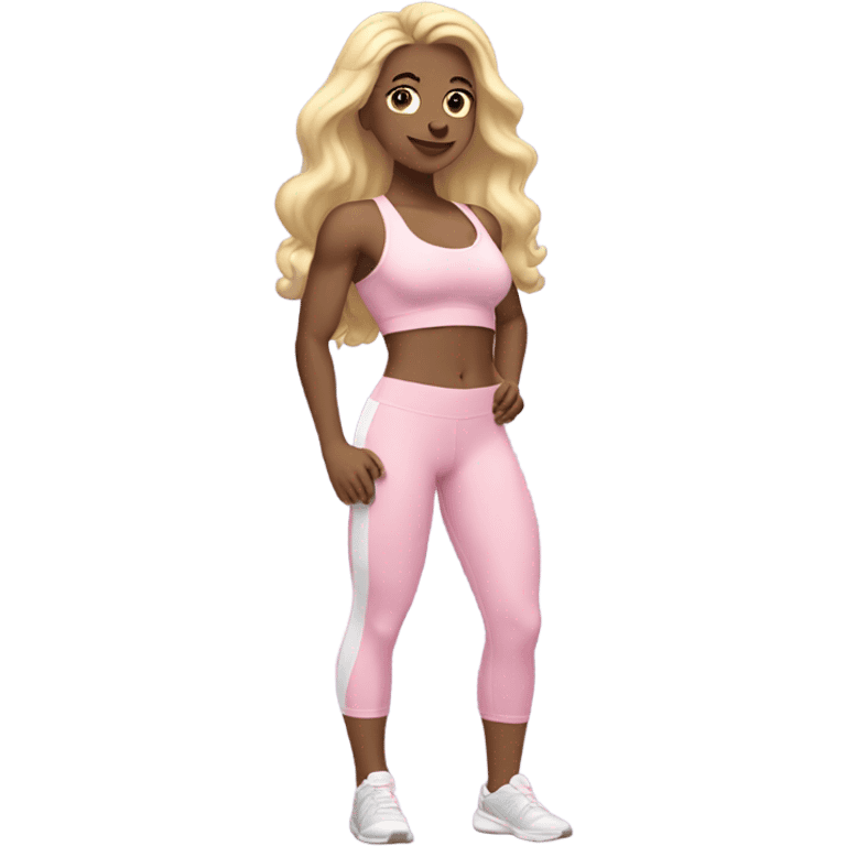 White woman, white skin, long hair, blonde hair, wavy hair, baby pink sports bra, baby pink leggings, flexing one arm emoji