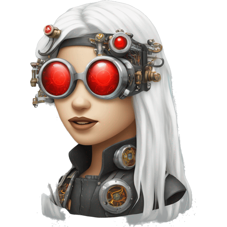 White long hair female cyborg head with red steampunk goggles and circuits emoji