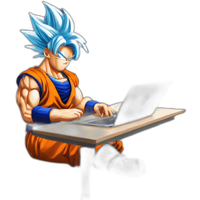 Dragonball goku sitting on his desk coding with the Rockies mountain in the background emoji