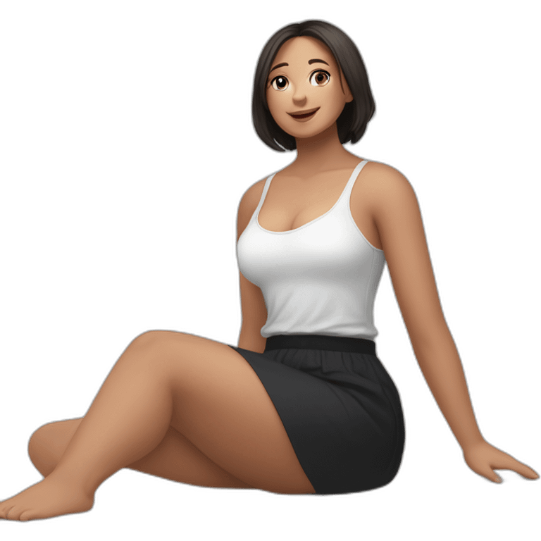 Front view full body curvy caucasian beauty sits on the floor straight hands up black skirt white knickers white socks emoji