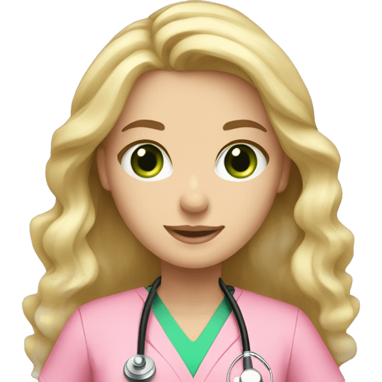 pale blonde girl with long wavy hair and green eyes wearing pink scrubs and stethoscope  emoji