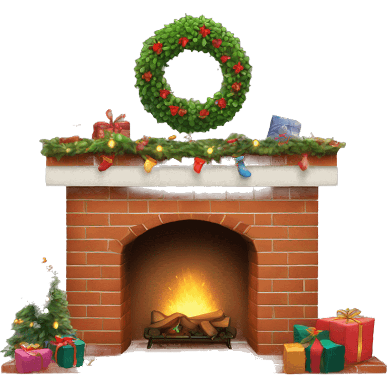 Brick Fireplace with wreath and Christmas lights and stockings emoji