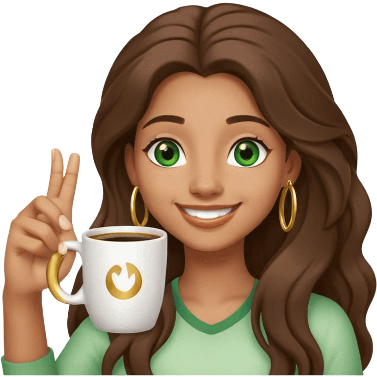 Long, Brown haired girl with middle hair part, green eyes, gold hoop nose ring, smiling, waving with one hand, coffee mug in the other emoji