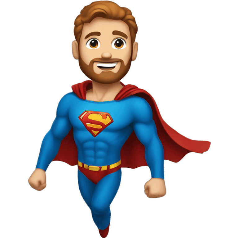 Flying superman with redish brownish hair, blue eyes, trimmed beard emoji